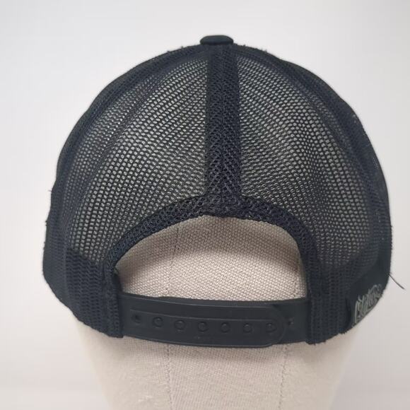 Yupoong Trucker Hat Black Brown Leather Patch Broken Bowl Catering OS Snapback - Picture 6 of 10